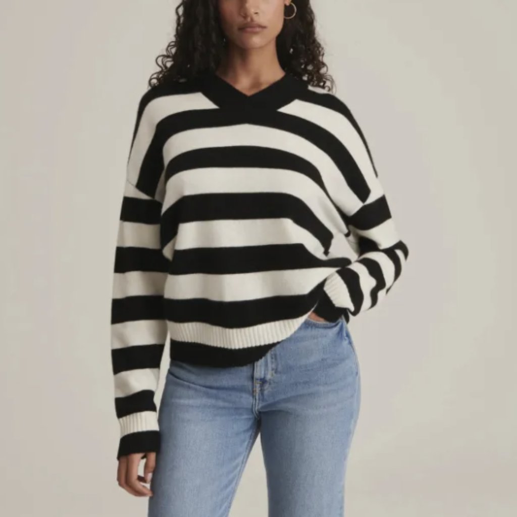 Naadam 100% Cashmere Striped Boyfriend V-Neck Sweater Black Ivory Size Xs